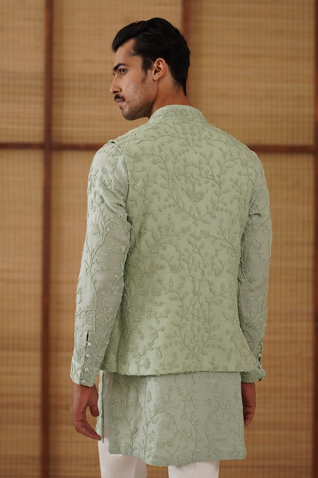 Shop_Arjan Dugal_Green Organza, Cotton Satin, Lycra Beads, Beaded Sage Nehru Jacket Set _Online_at_Aza_Fashions