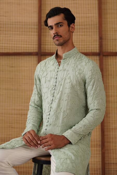 Buy_Arjan Dugal_Green Organza, Silk, Cotton Satin, Lycra Beads Kurta Set _Online_at_Aza_Fashions