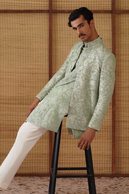 Shop_Arjan Dugal_Green Organza, Silk, Cotton Satin, Lycra Beads Kurta Set _Online_at_Aza_Fashions