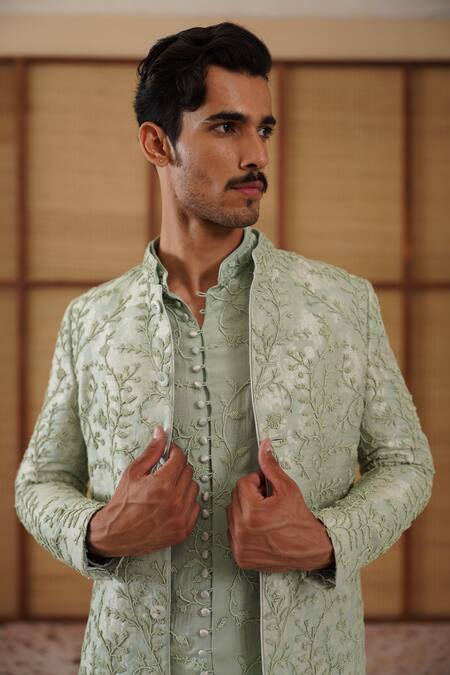 Arjan Dugal_Green Organza, Silk, Cotton Satin, Lycra Beads Kurta Set _at_Aza_Fashions