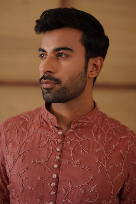 Buy_Arjan Dugal_Brown Organza, Silk, Cotton Satin, Lycra Embroidery Beads Kurta Set _Online_at_Aza_Fashions