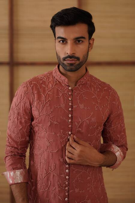 Shop_Arjan Dugal_Brown Organza, Silk, Cotton Satin, Lycra Embroidery Beads Kurta Set _Online_at_Aza_Fashions