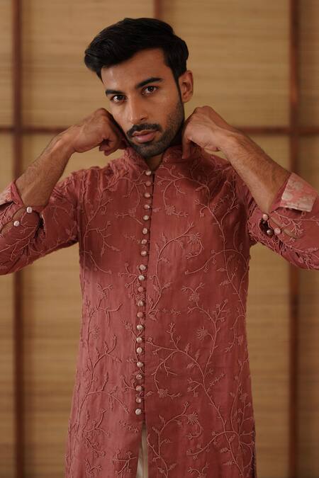 Arjan Dugal_Brown Organza, Silk, Cotton Satin, Lycra Embroidery Beads Kurta Set _at_Aza_Fashions