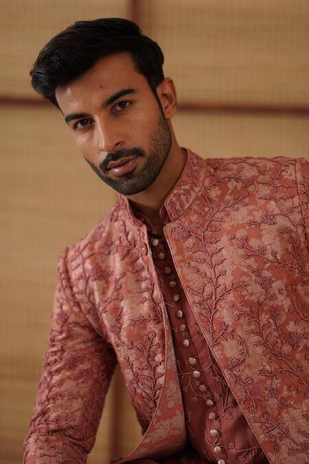 Arjan Dugal_Brown Organza, Silk, Cotton Satin, Lycra Beads Banarasi Bandhgala Set _Online_at_Aza_Fashions