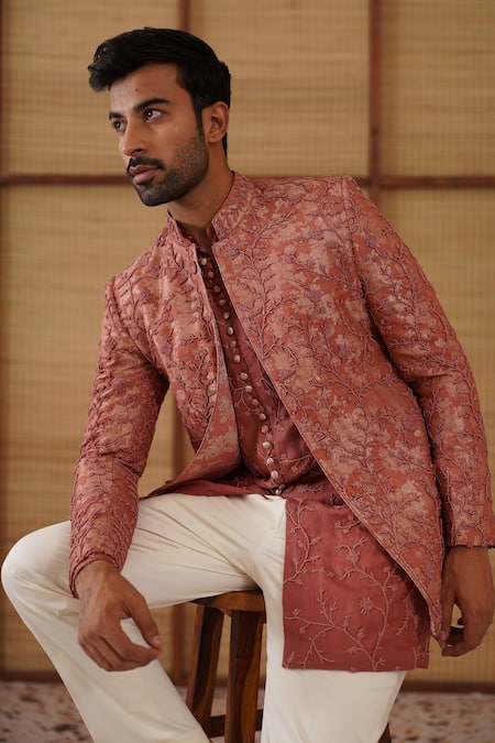 Buy_Arjan Dugal_Brown Organza, Silk, Cotton Satin, Lycra Beads Banarasi Bandhgala Set _Online_at_Aza_Fashions