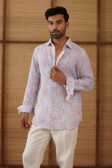 Arjan Dugal_Blue Linen, Cotton Satin, Lycra Floral Printed Shirt Pant Set _Online_at_Aza_Fashions