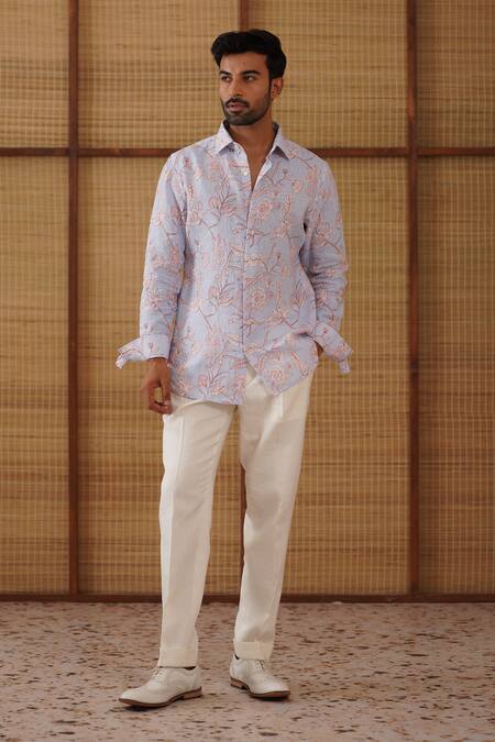 Buy_Arjan Dugal_Blue Linen, Cotton Satin, Lycra Floral Printed Shirt Pant Set _Online_at_Aza_Fashions