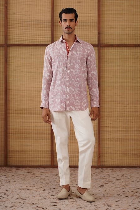 Arjan Dugal Pink Linen, Cotton Satin, Lycra Bouquet Print Shirt Pant Set 