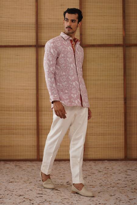 Arjan Dugal_Pink Linen, Cotton Satin, Lycra Bouquet Print Shirt Pant Set _Online_at_Aza_Fashions