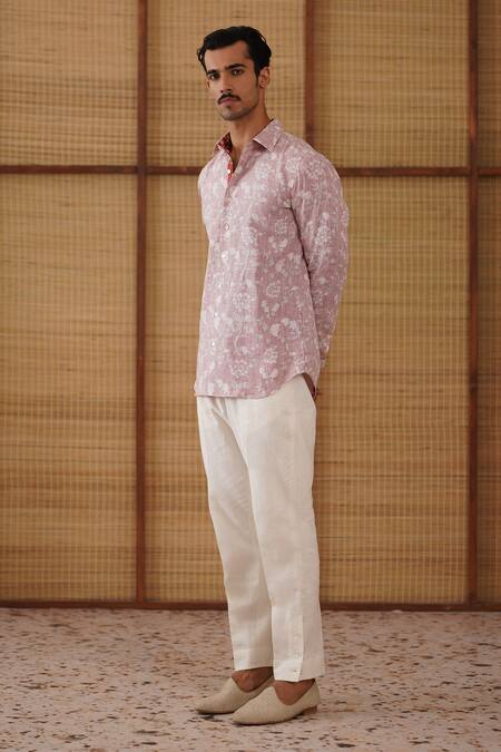 Buy_Arjan Dugal_Pink Linen, Cotton Satin, Lycra Bouquet Print Shirt Pant Set _Online_at_Aza_Fashions