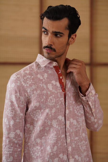 Shop_Arjan Dugal_Pink Linen, Cotton Satin, Lycra Bouquet Print Shirt Pant Set _Online_at_Aza_Fashions