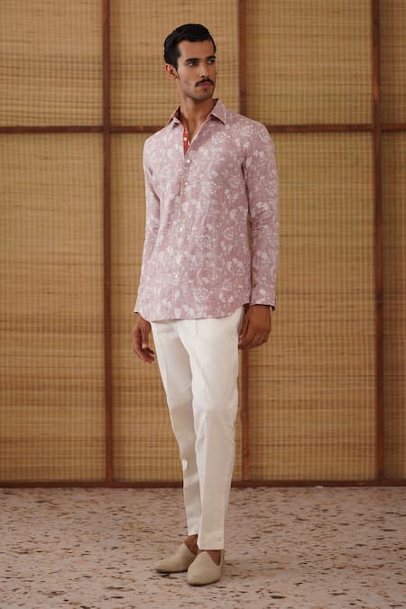 Arjan Dugal_Pink Linen, Cotton Satin, Lycra Bouquet Print Shirt Pant Set _at_Aza_Fashions