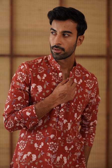 Arjan Dugal_Rust Linen, Cotton Satin, Lycra Bouquet Print Short Kurta Set _Online_at_Aza_Fashions