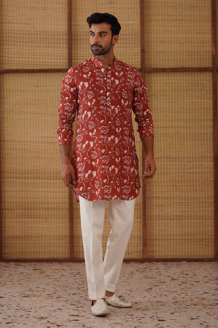 Buy_Arjan Dugal_Rust Linen, Cotton Satin, Lycra Bouquet Print Short Kurta Set _Online_at_Aza_Fashions