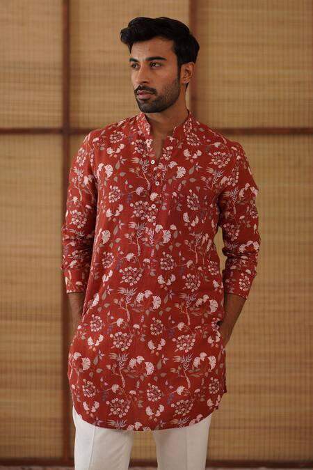 Shop_Arjan Dugal_Rust Linen, Cotton Satin, Lycra Bouquet Print Short Kurta Set _Online_at_Aza_Fashions