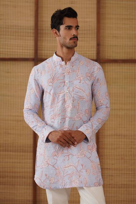 Arjan Dugal_Blue Linen, Cotton Satin, Lycra Floral Printed Kurta Set _Online_at_Aza_Fashions