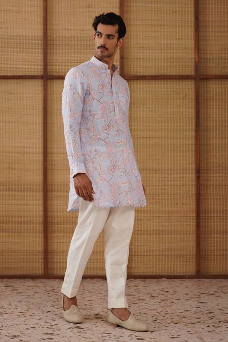 Buy_Arjan Dugal_Blue Linen, Cotton Satin, Lycra Floral Printed Kurta Set _Online_at_Aza_Fashions