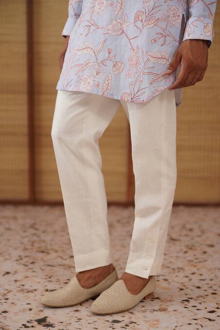 Shop_Arjan Dugal_Blue Linen, Cotton Satin, Lycra Floral Printed Kurta Set _Online_at_Aza_Fashions