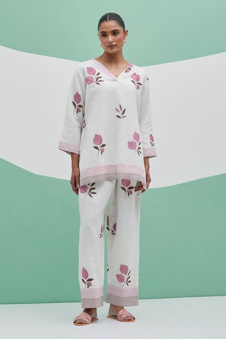 Priya Chaudhary White Linen Embroidery V-neck Blockprint Pant Set 