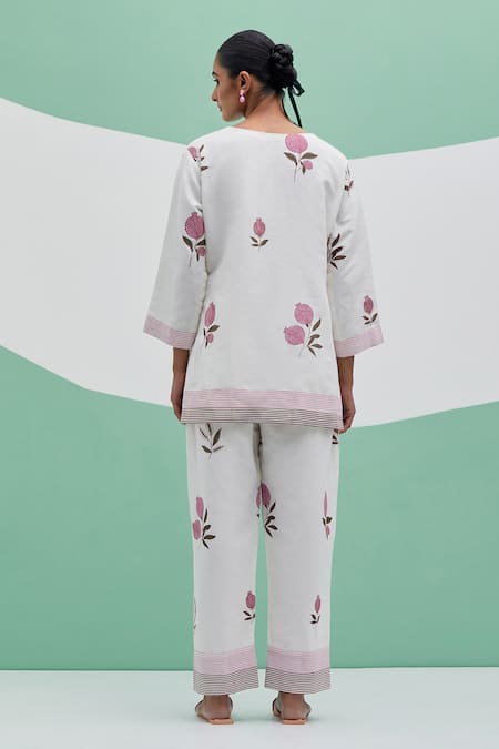 Priya Chaudhary White Blockprint Linen Pant Set 