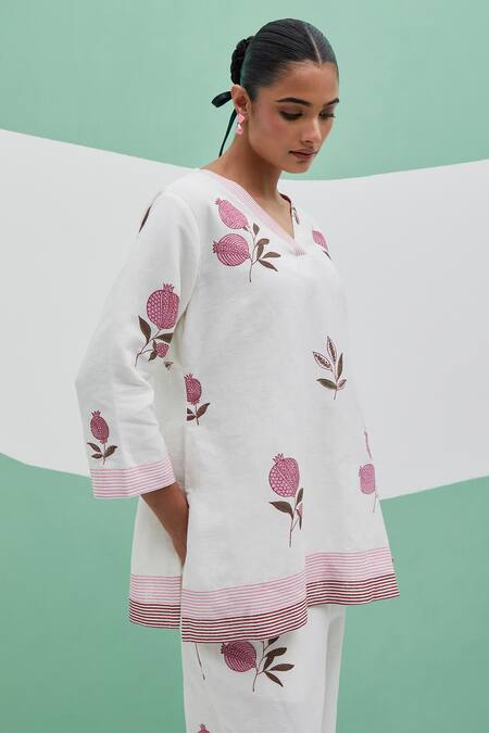 Shop_Priya Chaudhary_White Linen Embroidery V-neck Blockprint Pant Set _Online_at_Aza_Fashions
