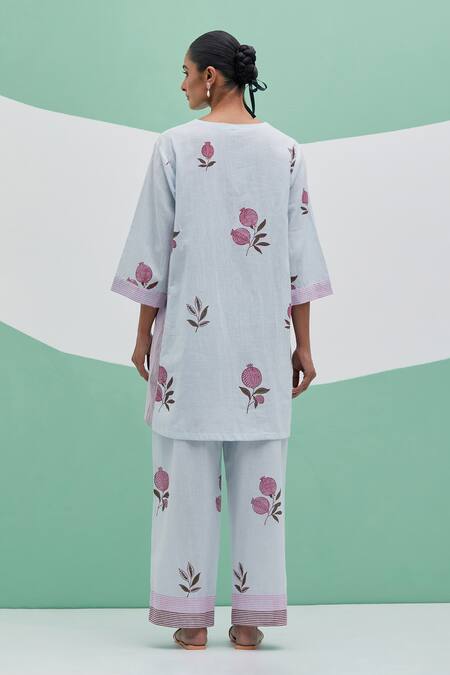 Priya Chaudhary Sky Blue Block Print Kurta Set 