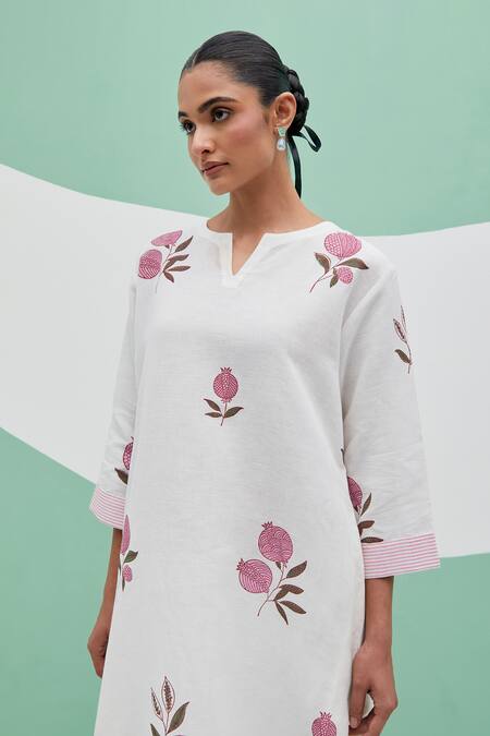Shop_Priya Chaudhary_White Linen Embroidery Split V-neck Block Print Kurta Set _Online_at_Aza_Fashions
