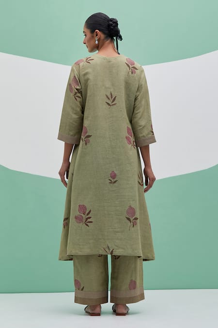 Priya Chaudhary Green Block Print Kurta Set 