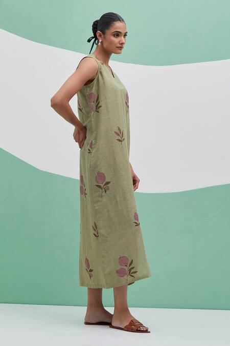 Buy Priya Chaudhary Green Linen Embroidery V-neck Block Print Dress Online at Aza Fashions Buy_Priya Chaudhary_Green Linen Embroidery V-neck Block Print Dress _Online_at_Aza_Fashions