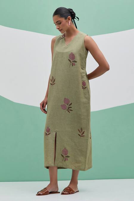 Shop Priya Chaudhary Green Linen Embroidery V-neck Block Print Dress Online at Aza Fashions Shop_Priya Chaudhary_Green Linen Embroidery V-neck Block Print Dress _Online_at_Aza_Fashions