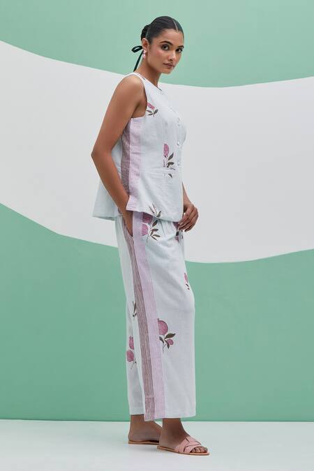 Priya Chaudhary_Sky Blue Linen Embroidery Round Neck Blockprint Pant Set _Online_at_Aza_Fashions
