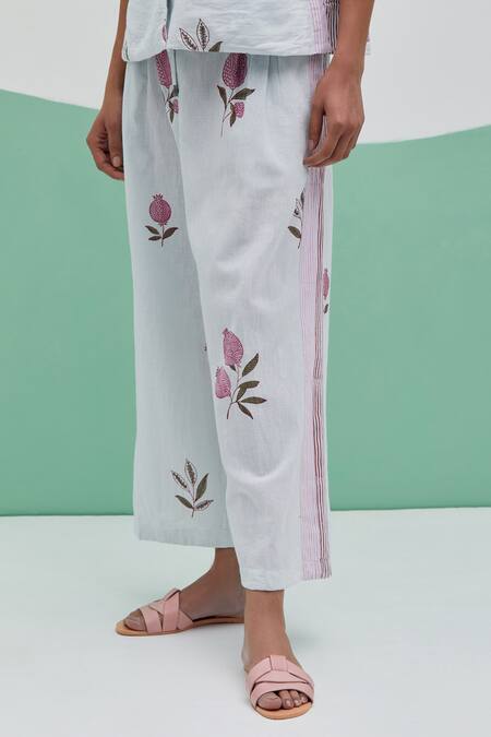 Buy_Priya Chaudhary_Sky Blue Linen Embroidery Round Neck Blockprint Pant Set _Online_at_Aza_Fashions