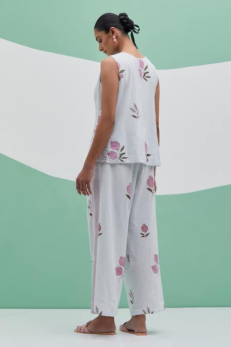 Priya Chaudhary Sky Blue Blockprint Linen Pant Set 