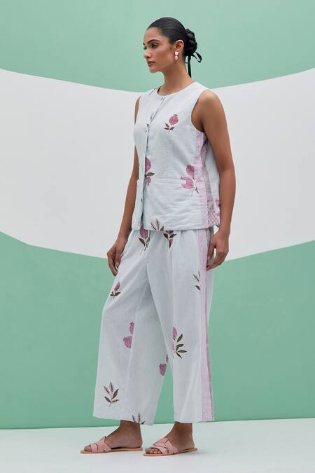 Shop_Priya Chaudhary_Sky Blue Linen Embroidery Round Neck Blockprint Pant Set _Online_at_Aza_Fashions