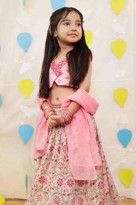 Tiny Colour_Pink Cotton Lace, Embroidery, Mirrors Block Printed Lehenga Set _Online_at_Aza_Fashions
