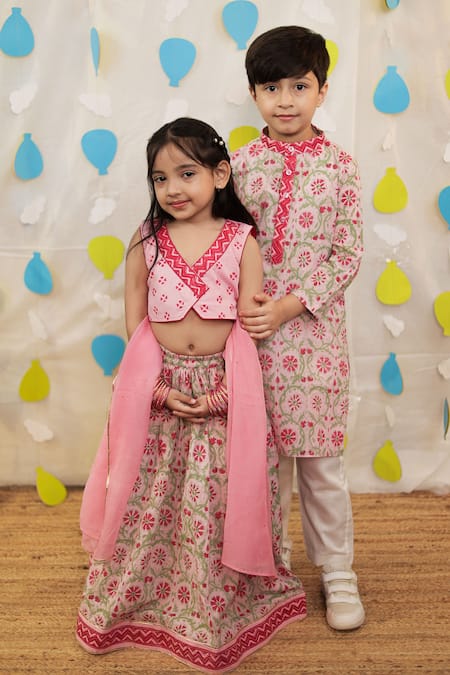Buy_Tiny Colour_Pink Cotton Lace, Embroidery, Mirrors Block Printed Lehenga Set _Online_at_Aza_Fashions