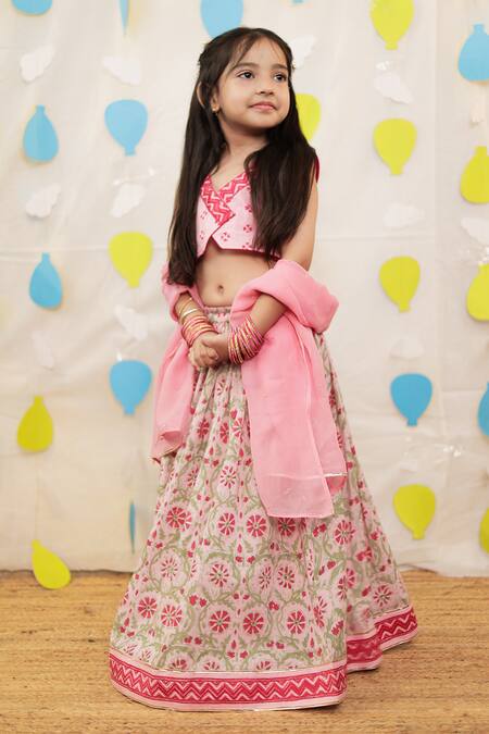 Shop_Tiny Colour_Pink Cotton Lace, Embroidery, Mirrors Block Printed Lehenga Set _Online_at_Aza_Fashions