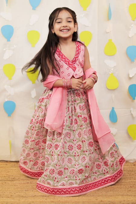 Buy_Tiny Colour_Pink Cotton Lace, Embroidery, Mirrors Block Printed Lehenga Set 