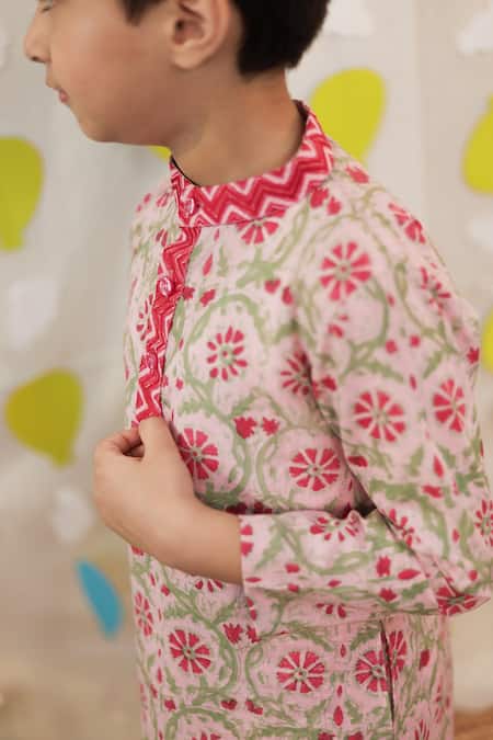 Tiny Colour_Pink Cotton Block Printed Kurta Set _Online_at_Aza_Fashions