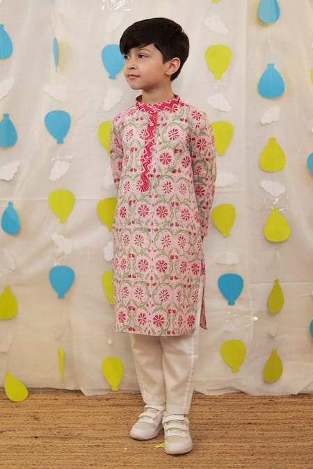 Tiny Colour_Pink Cotton Block Printed Kurta Set _at_Aza_Fashions