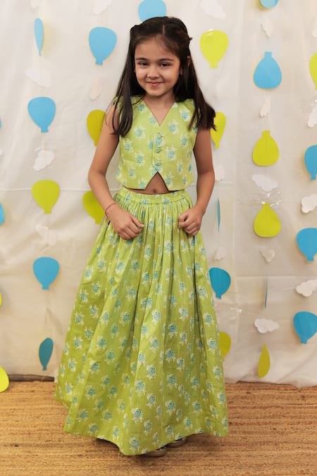 Tiny Colour Green Block Printed Jacket & Skirt Set 