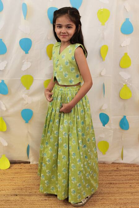 Tiny Colour_Green Cotton Block Printed Jacket And Skirt Set _Online_at_Aza_Fashions