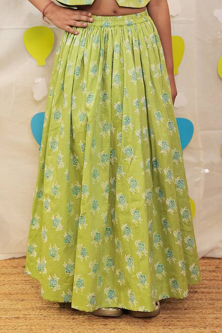 Shop_Tiny Colour_Green Cotton Block Printed Jacket And Skirt Set _Online_at_Aza_Fashions