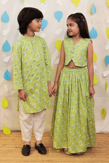 Tiny Colour_Green Cotton Block Printed Jacket And Skirt Set _at_Aza_Fashions