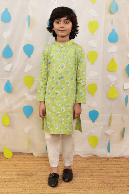 Tiny Colour_Green Cotton Block Printed Kurta Set _Online_at_Aza_Fashions