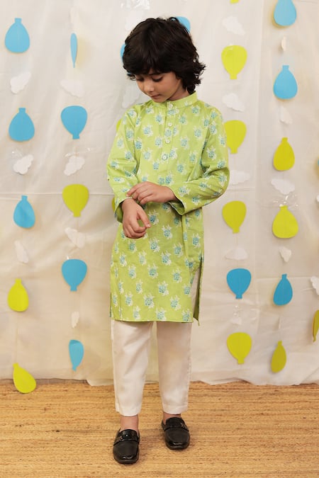 Buy_Tiny Colour_Green Cotton Block Printed Kurta Set _Online_at_Aza_Fashions