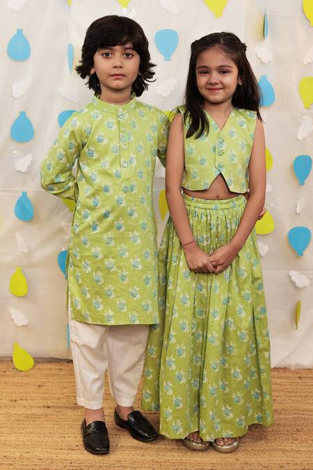 Shop_Tiny Colour_Green Cotton Block Printed Kurta Set _Online_at_Aza_Fashions