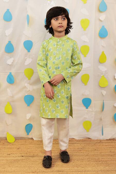 Tiny Colour_Green Cotton Block Printed Kurta Set _at_Aza_Fashions