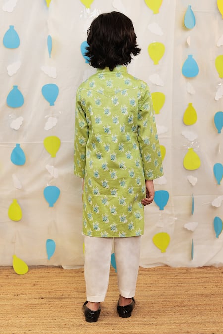 Tiny Colour Green Block Printed Kurta Set 