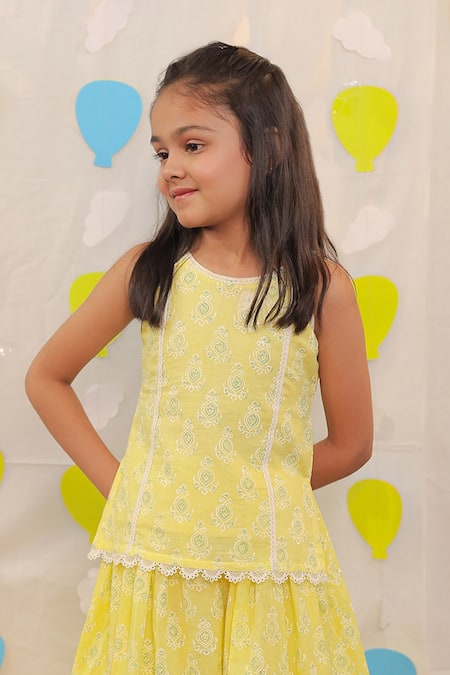 Tiny Colour_Yellow Cotton Lace Block Printed Kurta And Sharara Set _Online_at_Aza_Fashions